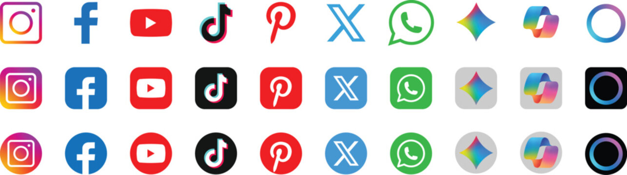 New updated social media icons set. facebook, instagram, slack, substack, AI app logo ChatGPT, Gemini, Meta AI, Copilot, whatsapp, linkedin, x. social media on transparent background for your design
