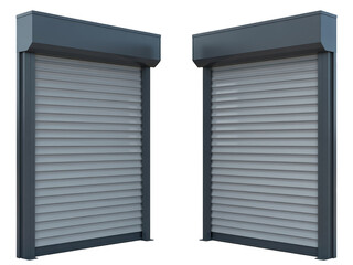 Two gray metal security shutters side by side protective isolated on a transparent background