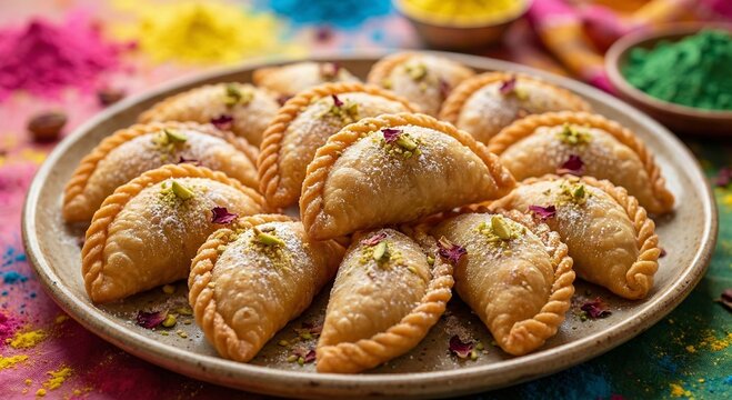 Golden fried indian sweet gujiya pastry piled on traditional platter with colorful gulal powder background for happy holi festival food celebration and delicious homemade holiday dessert snack.