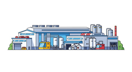 Obraz premium Modern industrial factory building with forklifts and storage tanks, illustrating manufacturing and production processes.