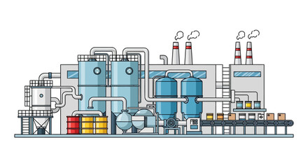 Obraz premium Illustration of a modern industrial factory with complex machinery, pipes, tanks, and a conveyor belt system.