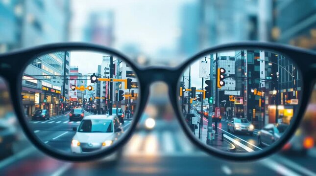 Blurred Urban Traffic Seen Through Eyeglasses Demonstrating Myopia Vision Correction Concept in Cinematic Rainy City Scene