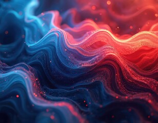 Abstract wavy lines in red and blue with glittering particles create dynamic fluid flow effect. Colorful wavy abstract background with shimmering lights and energy.