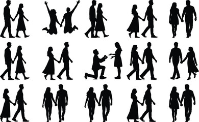 Fototapeta premium Romantic couple silhouettes walking, jumping, and proposing