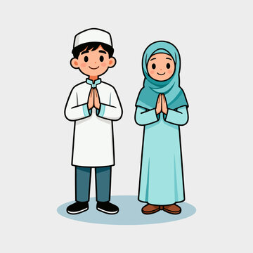 Cute Muslim Boy and Girl Greeting with Salam Gesture &ndash; Islamic Cartoon Illustration