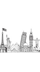 Fototapeta premium Stylized skyline featuring iconic landmarks from multiple world cities in a minimalist sketch.