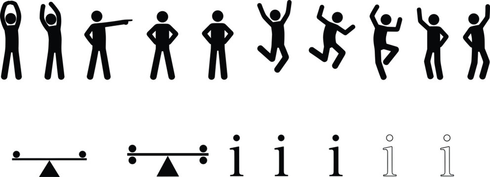 Human figure stickman activity icon set with balance and information symbols vector illustration isolated