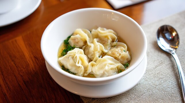 Warm and Comforting Wonton Soup in a Ceramic Bowl, Delicate Pork and Shrimp Dumplings Floating in Clear Golden Broth, Garnished with Fresh Chopped Chives, Bok Choy, and a Drizzle of Sesame Oil. Steam 