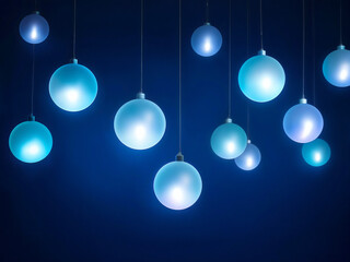 Minimalist abstract composition featuring glowing blue spherical lights suspended against a deep indigo background. Creates a calm, futuristic, and atmospheric setting with copy space.
