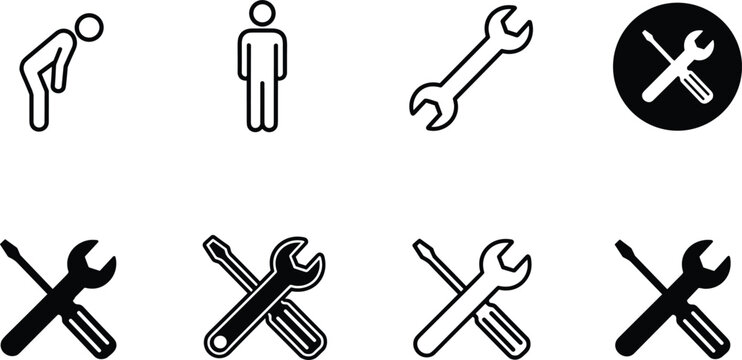 Maintenance repair service icon set with worker wrench tools silhouette and outline vector illustration isolated