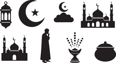 Islamic Icon Collection &ndash; Mosque, Crescent Moon, Lantern, Ramadan Kareem and Muslim Prayer Vector Set