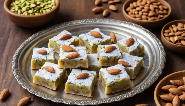 Delicious indian sweet burfi with almonds served on vintage silver tray on table