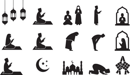 Islamic Icon Collection &ndash; Mosque, Crescent Moon, Lantern, Ramadan Kareem and Muslim Prayer Vector Set