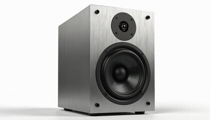 Obraz premium Modern metallic speaker box with woofer and tweeter. This audio equipment delivers clear sound for music and home theater systems. Professional hi-fi device on white background.