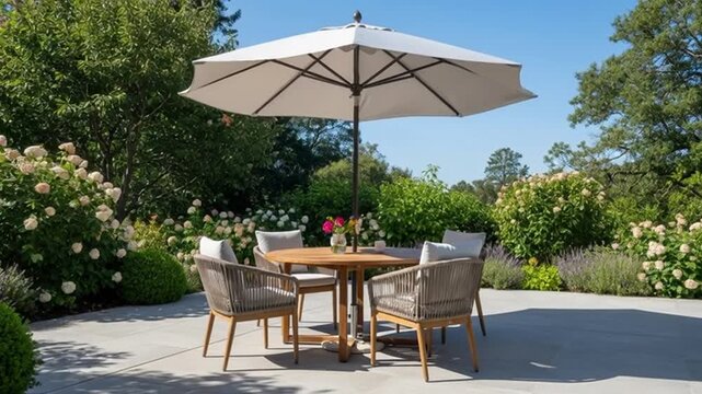 Serene garden patio with outdoor dining set under umbrella