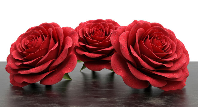 Vibrant trio of red roses on a dark surface, symbolizing profound love. The rich petals of these beautiful rosas rojas evoke romance and timeless elegance