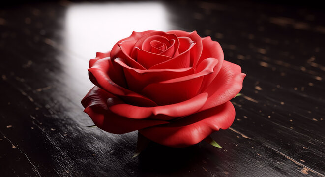 A vibrant single red rose in full bloom, elegantly set against a dark wooden surface, symbolizing deep love and timeless passion. Estas rosas rojas irradian belleza cl&aacute;sica y romance