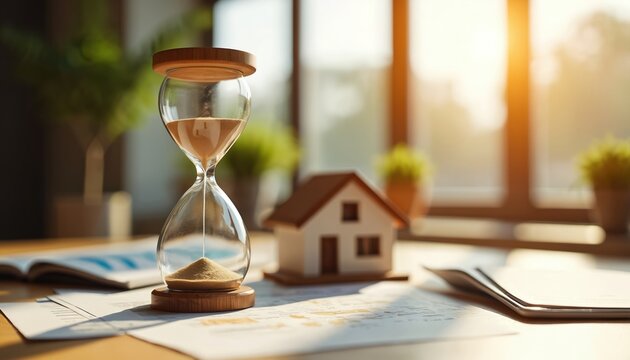 Hourglass near house model on desk symbolizes urgency in real estate market. Time running out for property investment. Planning, buying decisions.