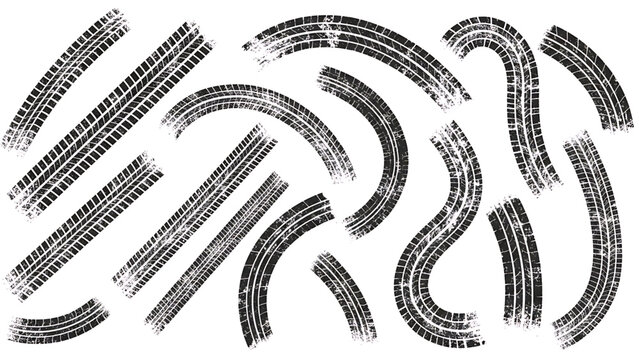 Collection of black tire tracks on white background