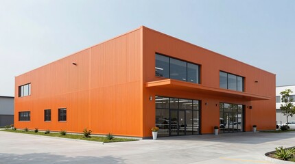 Naklejka premium A modern orange building with large windows and a sleek design stands alone in a parking lot under a clear blue sky.