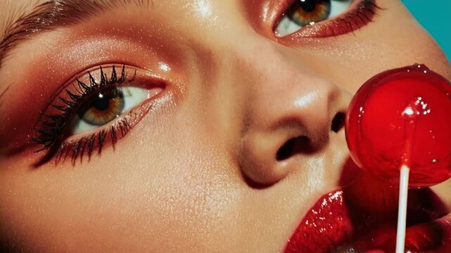 Extreme close up of glossy red lips tasting round lollipop candy with sensual pop art mood highlighting sweet temptation playful glamour and colorful confectionery detail