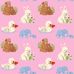 Fototapeta premium Cute Animal Mom and Baby Repeating Pattern with Flowers