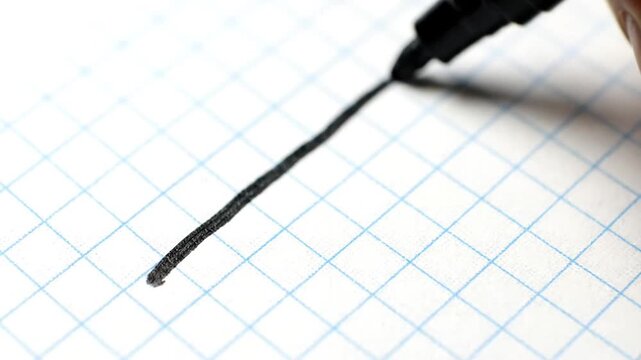 A close-up shot shows a hand using a black fineliner pen to draw a continuous straight line diagonally across white graph paper. The line lengthens steadily over 8 seconds.