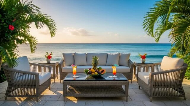 Luxurious beachside patio with wicker furniture and refreshing cocktails