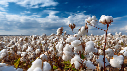 Close-up of fluffy white cotton bolls in a large field with a blue sky.