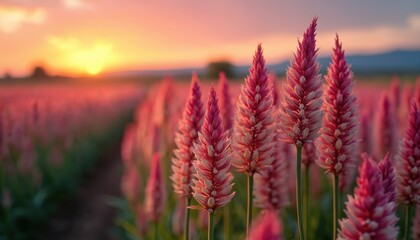 Fototapeta premium Close up on pink and white celosia flowers field at golden hour. Soft sunset light illuminates rows of blooming cockscomb plants. Rural landscape with vibrant flora at dusk.