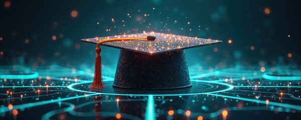 Fototapeta na wymiar Graduation cap with glowing particles sits on digital circuit. Futuristic education concept visualizes AI tech, online learning, and smart study. Future knowledge gains, digital diploma.