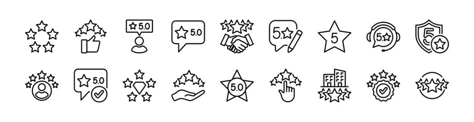 Five stars customer rating review icon set. Contains feedback, satisfaction, experience, quality, comment, response, testimonials for service, support, survey, hotel, security, skill. Vector