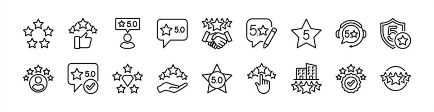 Five stars customer rating review icon set. Contains feedback, satisfaction, experience, quality, comment, response, testimonials for service, support, survey, hotel, security, skill. Vector