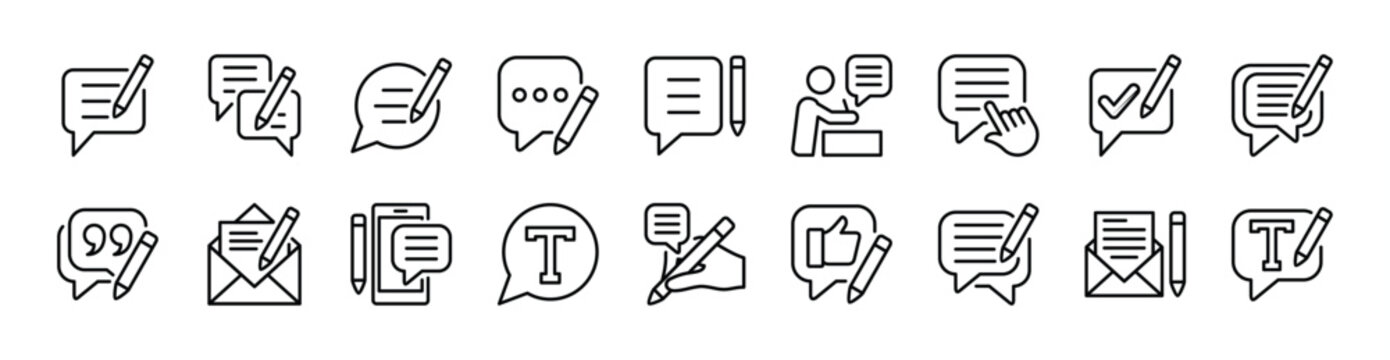 Write comment thin line icon set. Contains feedback, review, opinion, suggestion, response, message, reply, quote, mail, text, report, assessment, conversation. Vector illustration