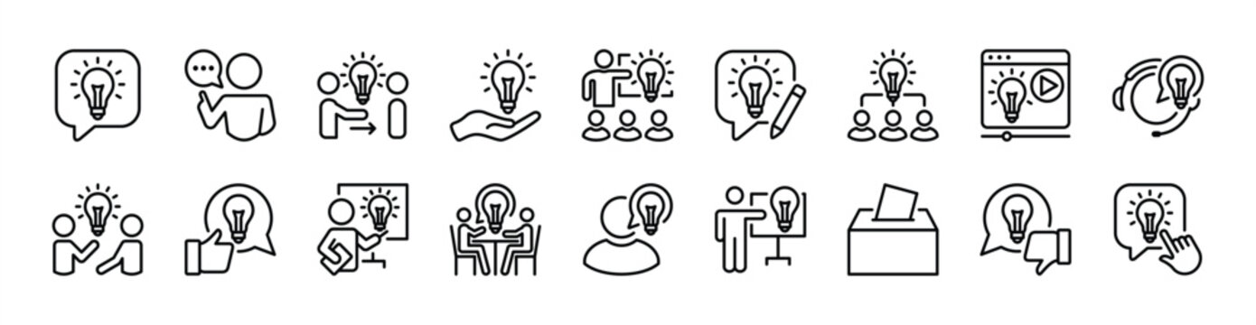 Suggestion thin line icon set. Contains advice, proposal, giving good idea, box, discussion, support, guide for problem solving. Vector illustration
