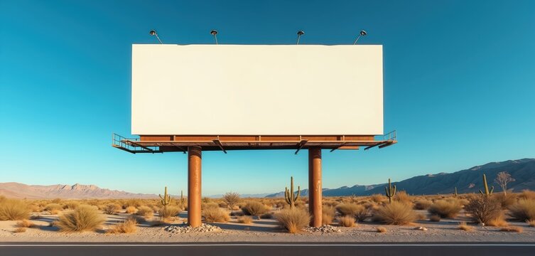 Blank billboard on empty desert road with clear blue sky. Sunlight creates long shadows on arid landscape. Ideal for advertising or travel themes.