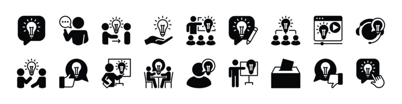 Suggestion icon vector set. Contains advice, proposal, giving good idea, box, discussion, support, guide for problem solving - illustration