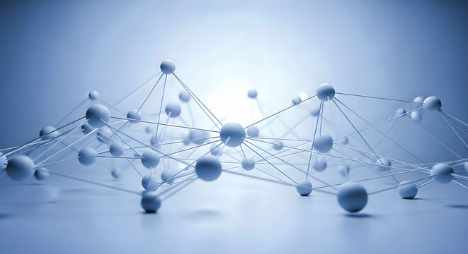 Abstract representation of a complex digital network structure featuring interconnected nodes and lines against a softly illuminated light blue futuristic background symbolizing global data exchange.