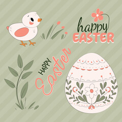 Easter Design Elements Vector Illustration Set Isolated on a Pastel Green Striped Background