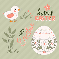 Easter Design Elements Vector Illustration Set Isolated on a Pastel Green Striped Background
