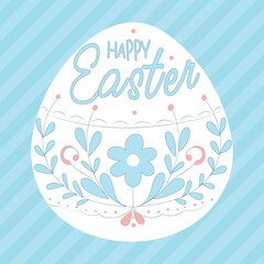 Easter Egg Vector Illustration with Floral Pattern and "Happy Easter" Text Isolated on Striped Blue Background