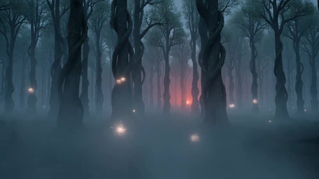 A dark forest consumed by fog and glowing spores. The twisted trees and distant red horizon create a haunting parallel-dimension atmosphere without human presence