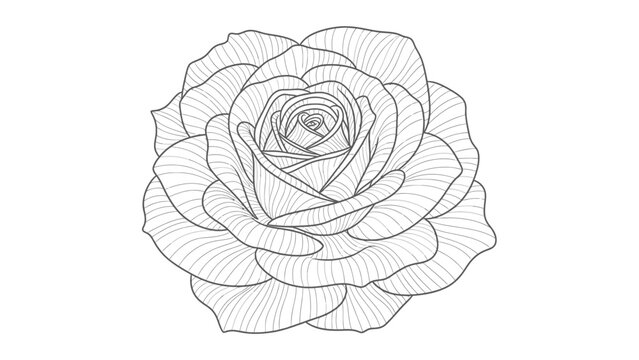 A highly detailed line drawing of a single rose in full bloom, showcasing intricate petal structure and delicate shading.
