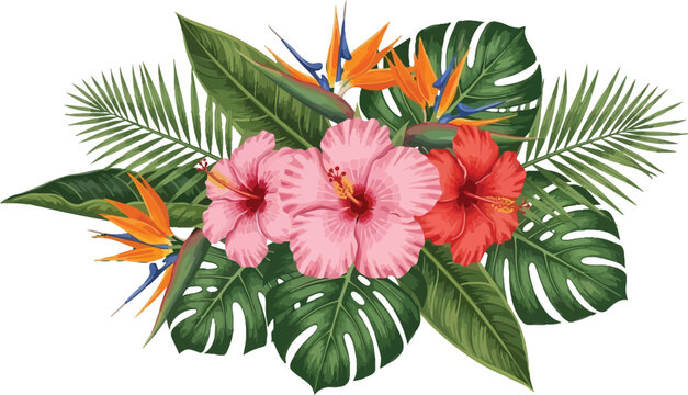 Vibrant Tropical Flowers and Exotic Leaves Arrangement Illustration, featuring Hibiscus and Monstera, perfect for Summer Invitations, Greeting Cards, and Decorative Vector Elements.Vibrant Tropical Fl