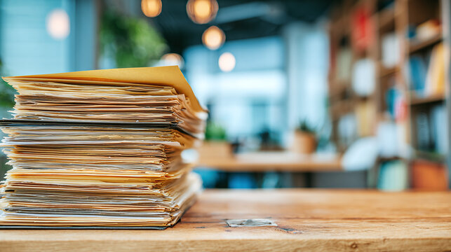 Overwhelmed with Paperwork: A Large Stack of Documents on Wooden Desk