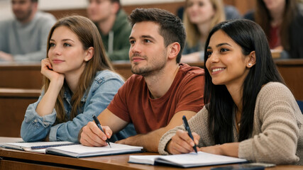 Obraz premium Three university students sitting at a desk in a lecture hall, focused and smiling while listening and writing notes. Scene represents academic learning and engagement.