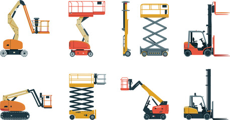 Aerial Work Platform and Forklift Equipment Set Including Scissor Lift, Boom Lift and Industrial Warehouse Machines Isolated on White Background Illustration © MstAnufa