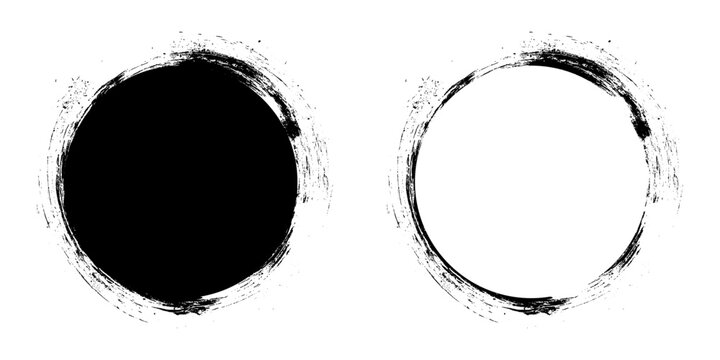 Two abstract black ink circles on white background. Brush stroke textures and filled unfilled designs. 