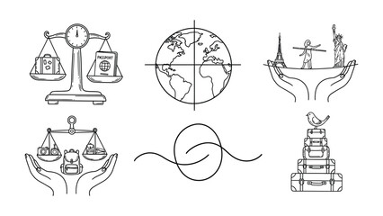 Global Harmony Icons: A set of six meticulously crafted line icons representing global balance, interconnectedness, and cultural harmony, perfect for themes of travel, diplomacy, and world unity. © AbuAbdillah