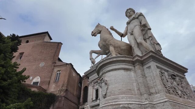 Slow motion macro of the Dioscuri statues (Castor and Pollux) on the Capitoline Hill, Rome.